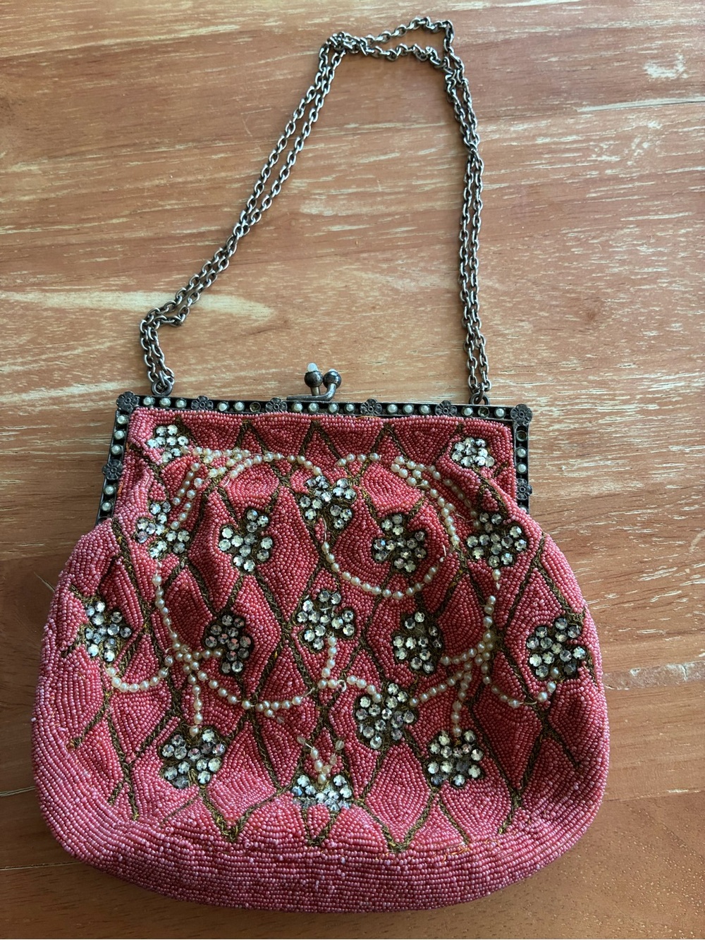 Beaded Pink Evening Clutch with Chain